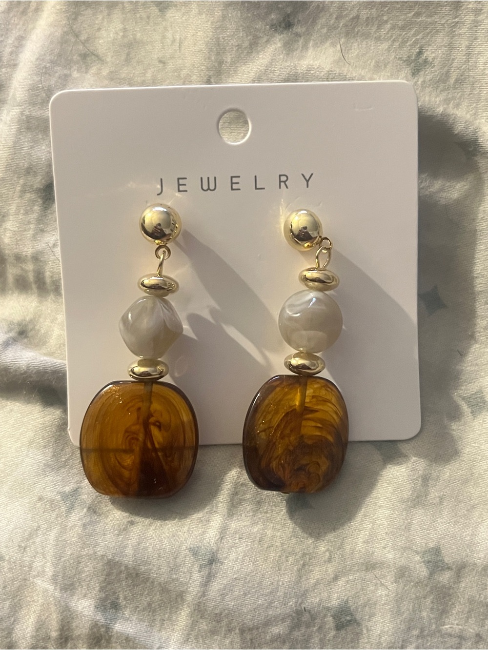 Boho Gold-Tone Amber Drop Earrings with Marble Beads -